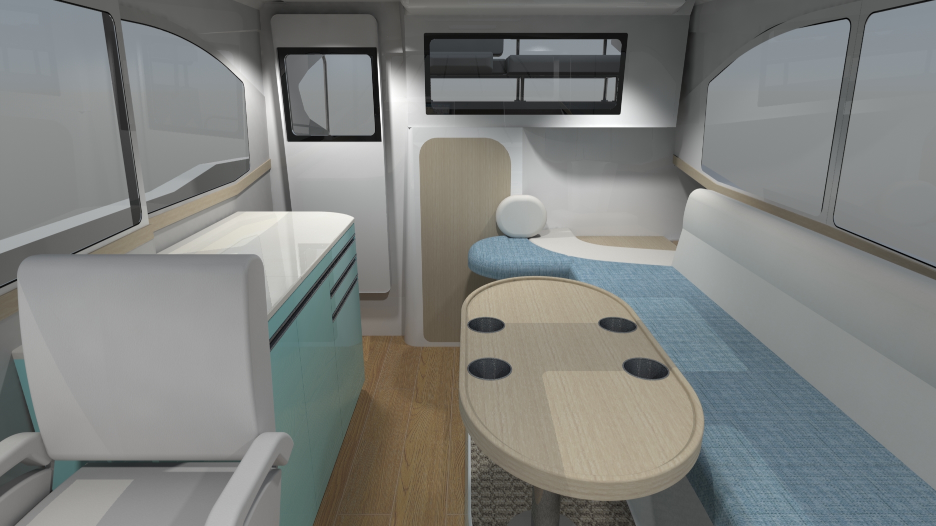 Rear of cabin. Long sofa and table are arranged.